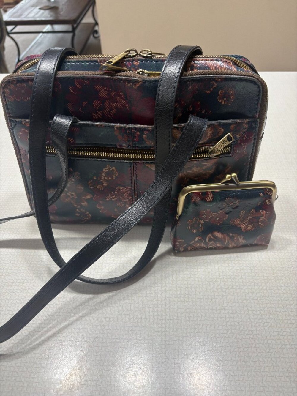 Patricia Nash Leather Shoulder bag in Fall Tapestry & matching coin purse